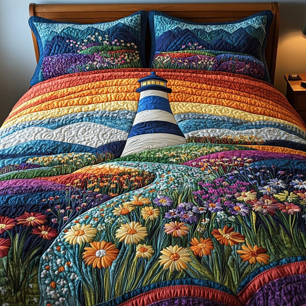 Lighthouse Serenity quilted 3-piece bedding set on a made bed in a light coastal bedroom