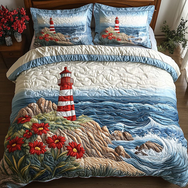 Lighthouse Serenity quilted 3-piece bedding set on a made bed in a light coastal bedroom