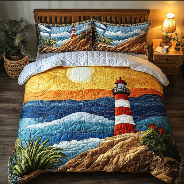 Lighthouse Shine quilted 3-piece bedding set on a made bed in a light coastal bedroom