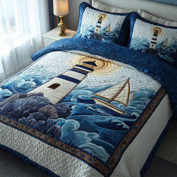 Lighthouse Shine quilted 3-piece bedding set on a made bed in a light coastal bedroom