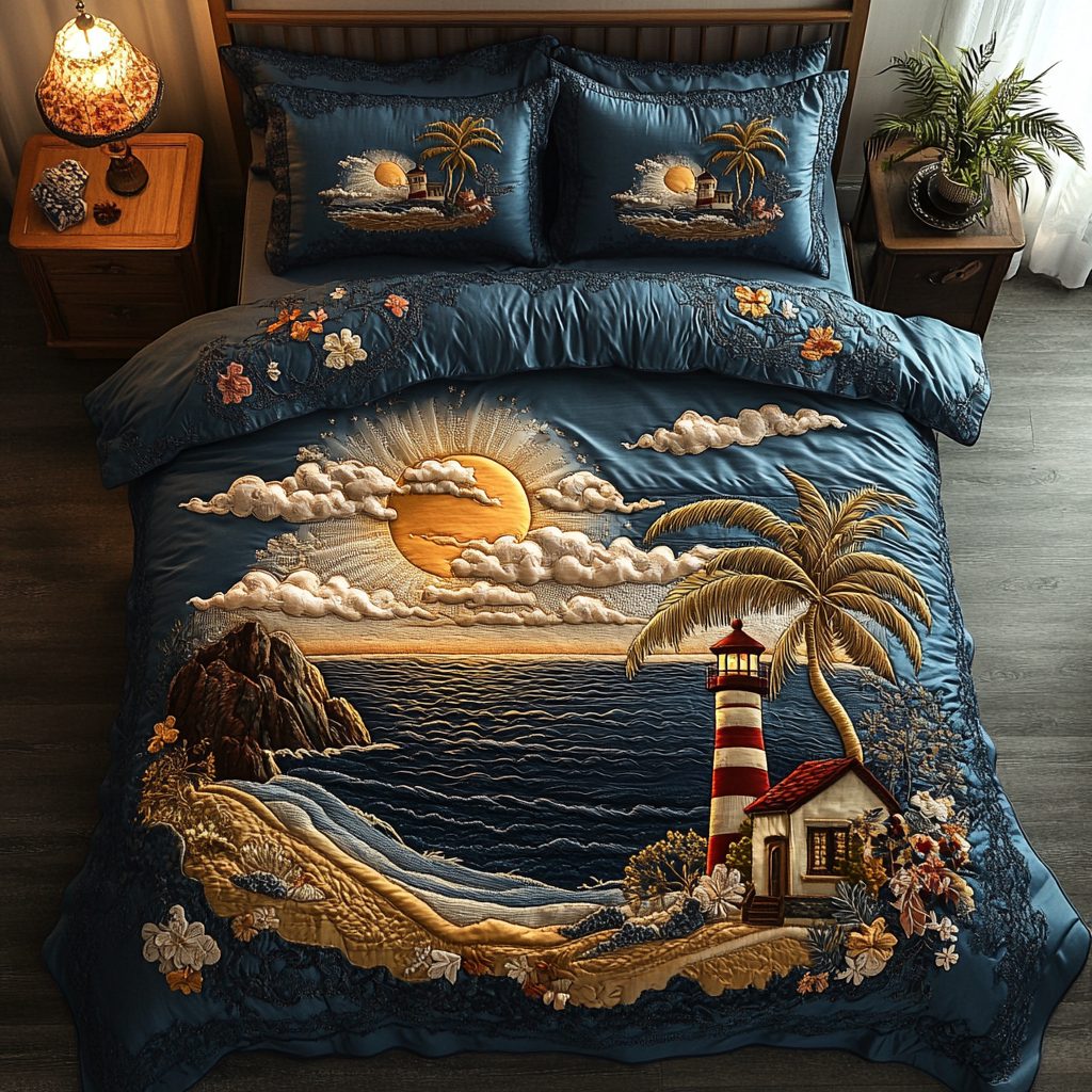 Lighthouse Shine quilted 3-piece bedding set on a made bed in a light coastal bedroom