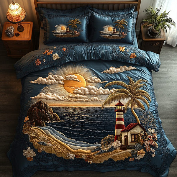 Lighthouse Shine quilted 3-piece bedding set on a made bed in a light coastal bedroom