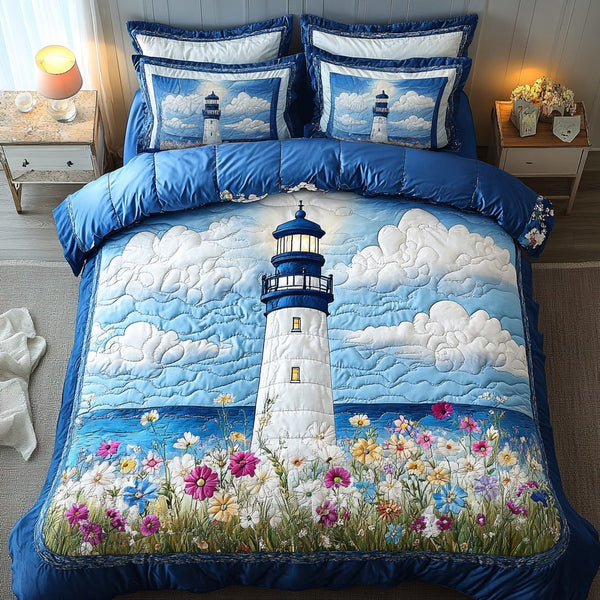 Lighthouse Spark quilted 3-piece bedding set on a made bed in a light coastal bedroom