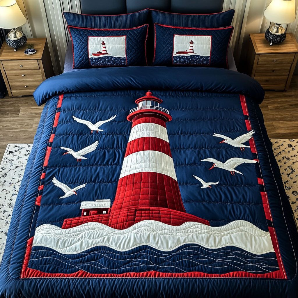 Lighthouse Sunrise quilted 3-piece bedding set on a made bed in a light coastal bedroom