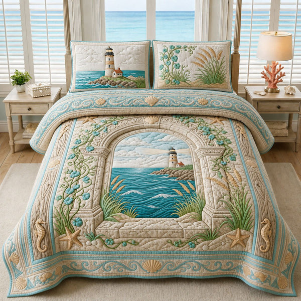 Lighthouse Through The Arch quilted 3-piece bedding set on a made bed in a light coastal bedroom