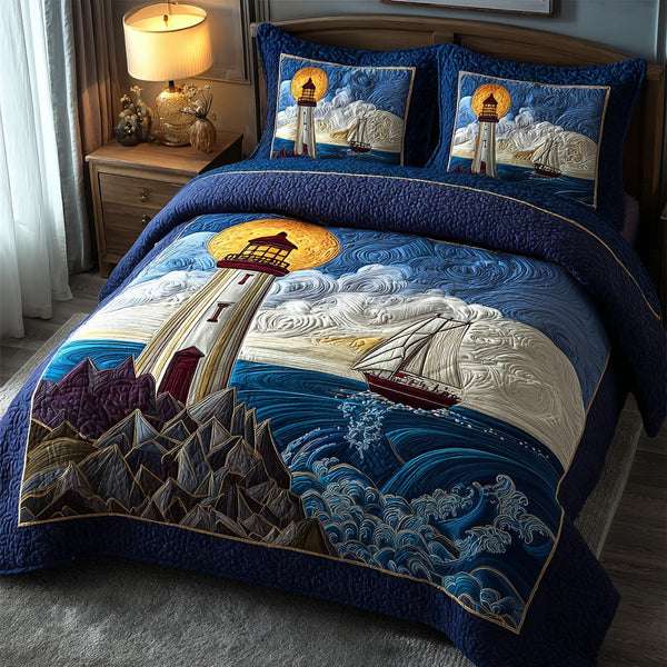Lighthouse View quilted 3-piece bedding set on a made bed in a light coastal bedroom