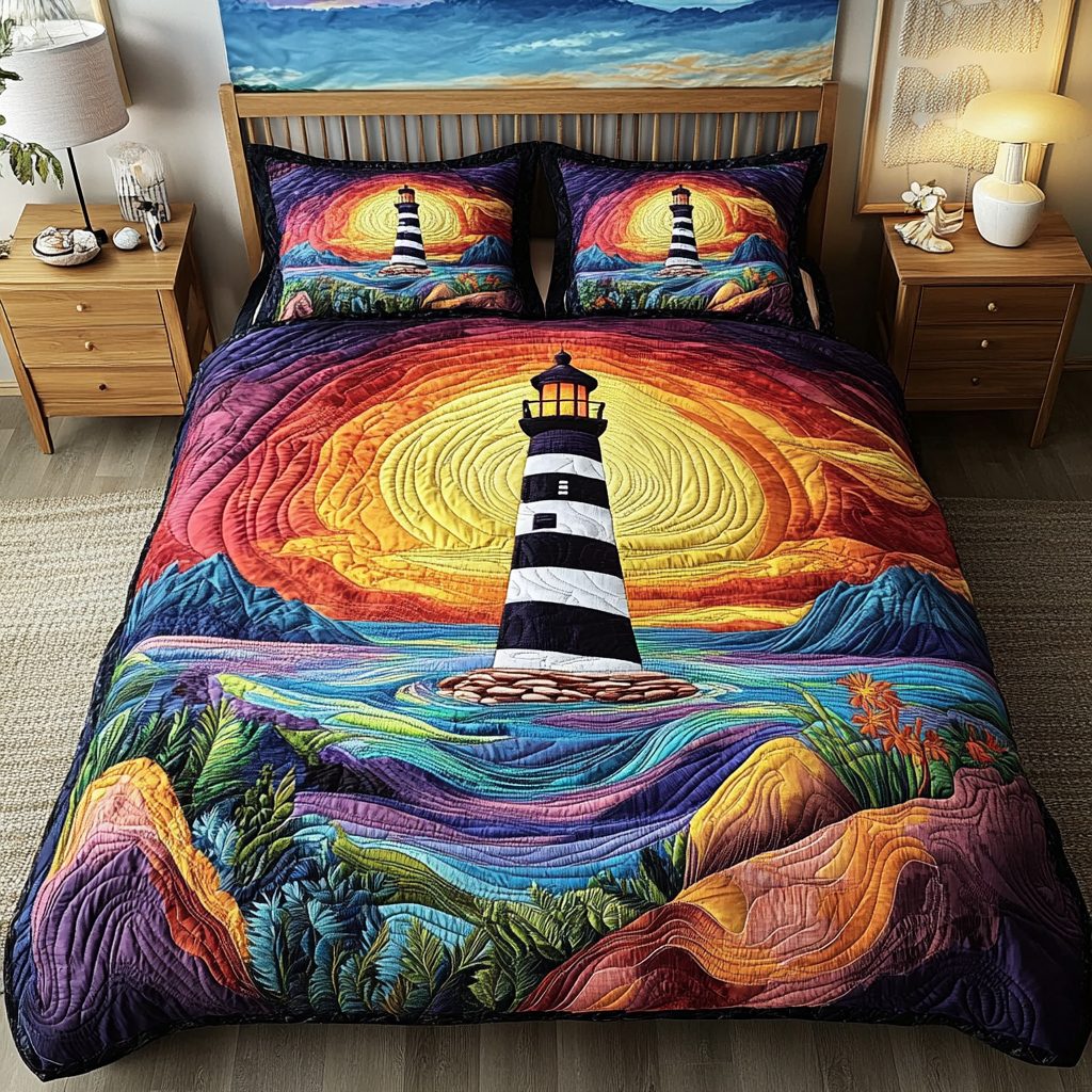 Lighthouse Vista quilted 3-piece bedding set on a made bed in a light coastal bedroom
