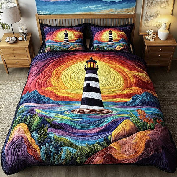 Lighthouse Vista quilted 3-piece bedding set on a made bed in a light coastal bedroom