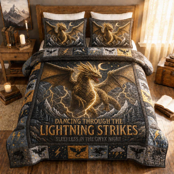 Lightning Dragon Storm quilted 3-piece bedding set on a made bed with two matching pillow shams