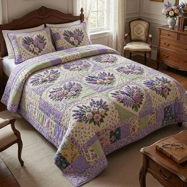 Lilac Garden Quilt quilted 3-piece bedding set on a made bed with two matching pillow shams