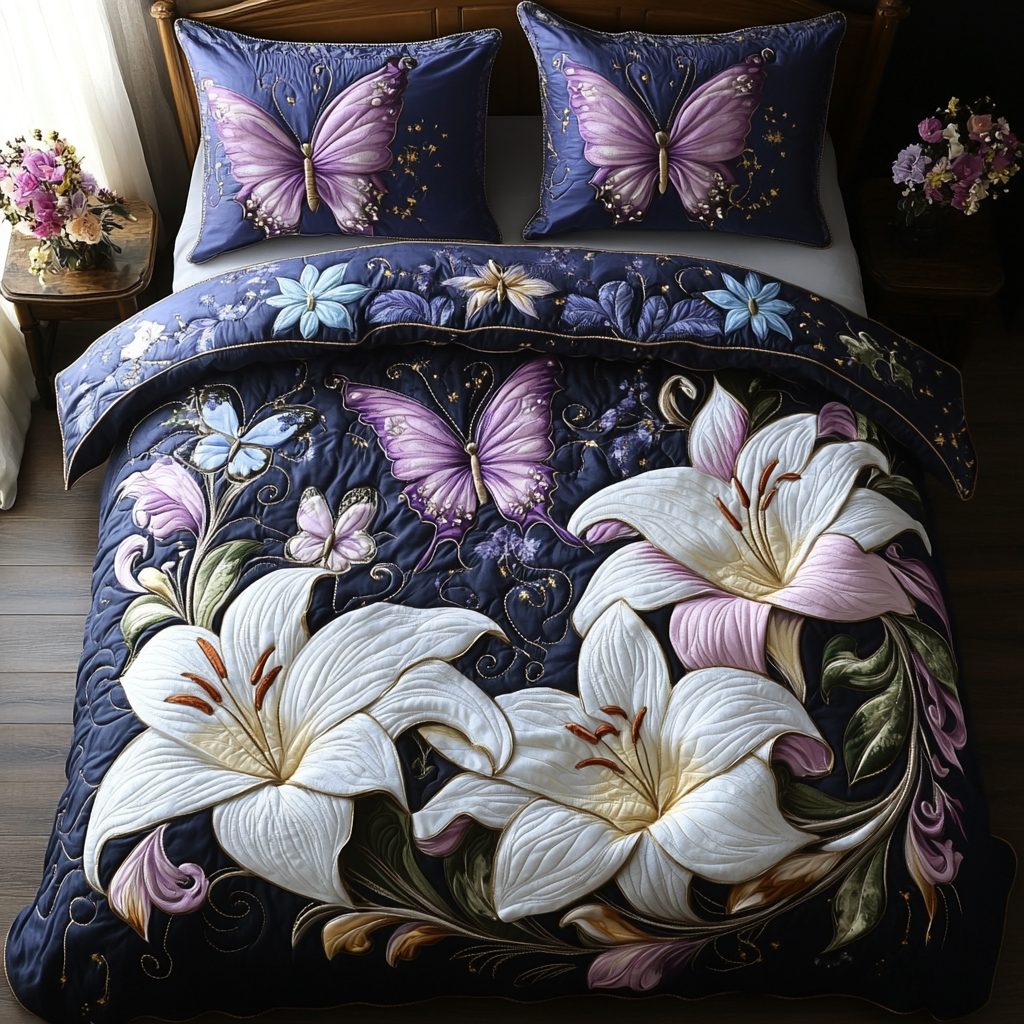 Lilies Wings quilted 3-piece bedding set on a made bed with two matching pillow shams