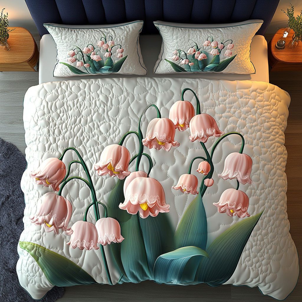 Lily Blossom quilted 3-piece bedding set on a made bed with two matching pillow shams