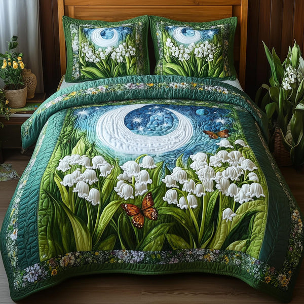 Lily Butterfly quilted 3-piece bedding set on a made bed with two matching pillow shams