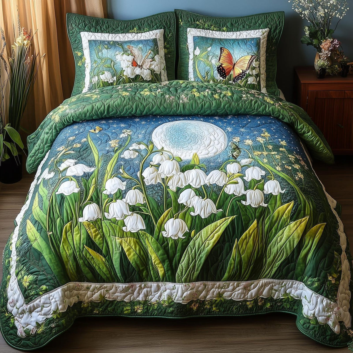 Lily Butterfly quilted 3-piece bedding set on a made bed with two matching pillow shams