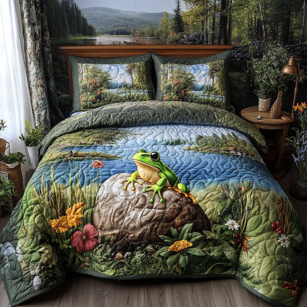 Lily Dreams quilted 3-piece bedding set on a made bed with two matching pillow shams