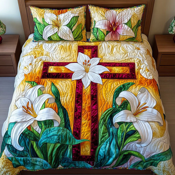 Lily Grace Cross quilted 3-piece bedding set on a made bed in a softly lit bedroom