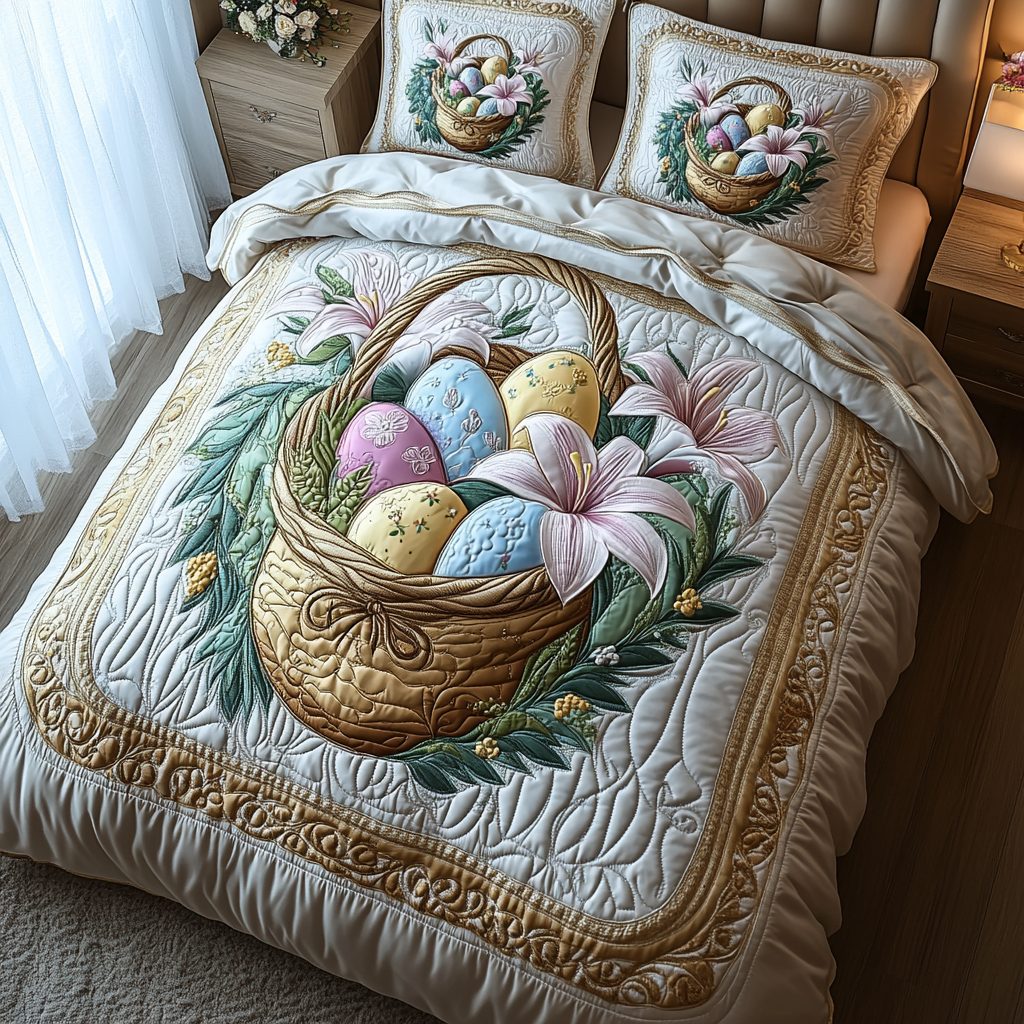 Lily Grace quilted 3-piece bedding set on a made bed with two matching pillow shams