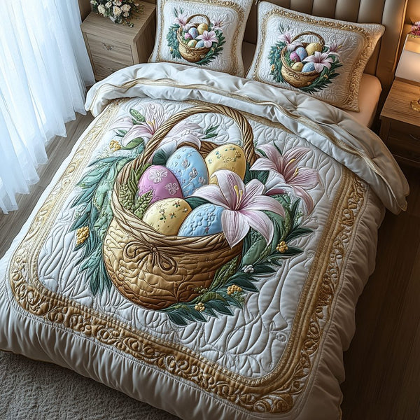 Lily Grace quilted 3-piece bedding set on a made bed with two matching pillow shams