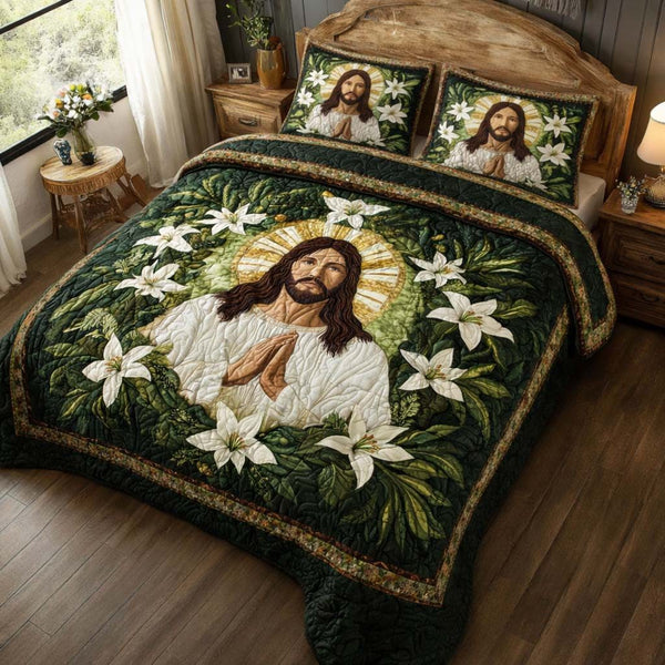 Lily Halo quilted 3-piece bedding set on a made bed with two matching pillow shams