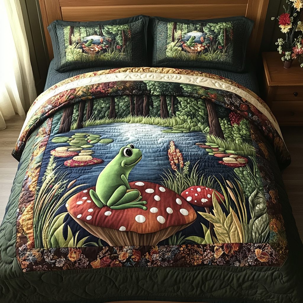 Lily Luxe quilted 3-piece bedding set on a made bed with two matching pillow shams