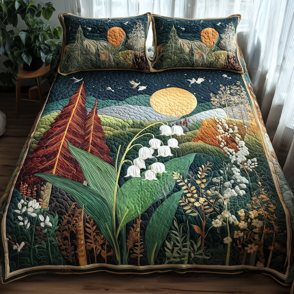 Lily Of The Valley Forest quilted 3-piece bedding set on a made bed with two matching pillow shams