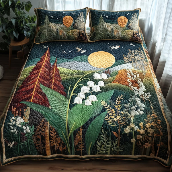 Lily Of The Valley Forest quilted 3-piece bedding set on a made bed with two matching pillow shams