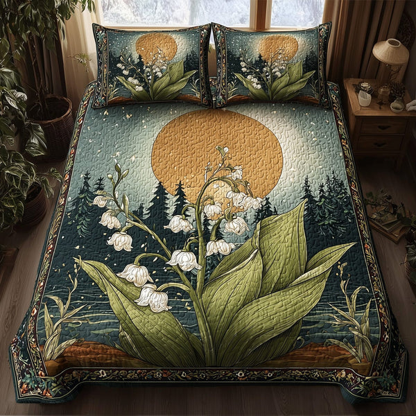 Lily Of The Valley Haven quilted 3-piece bedding set on a made bed with two matching pillow shams