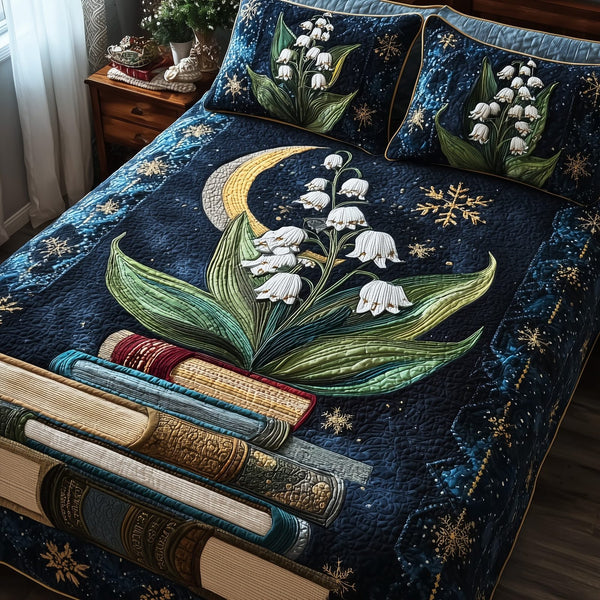 Lily of the Valley Library quilted 3-piece bedding set on a made bed with two matching pillow shams