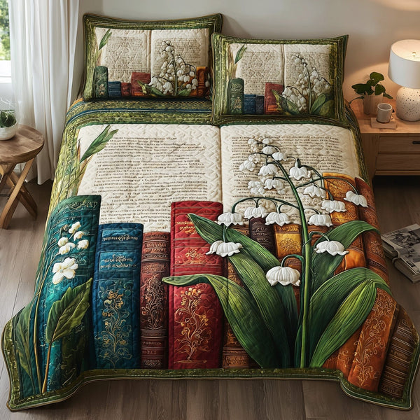 Lily of the Valley Library quilted 3-piece bedding set on a made bed with two matching pillow shams