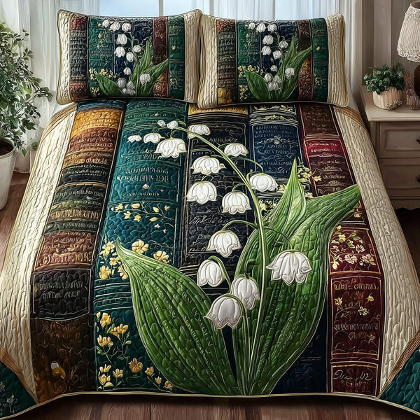 Lily of the Valley Library quilted 3-piece bedding set on a made bed with two matching pillow shams
