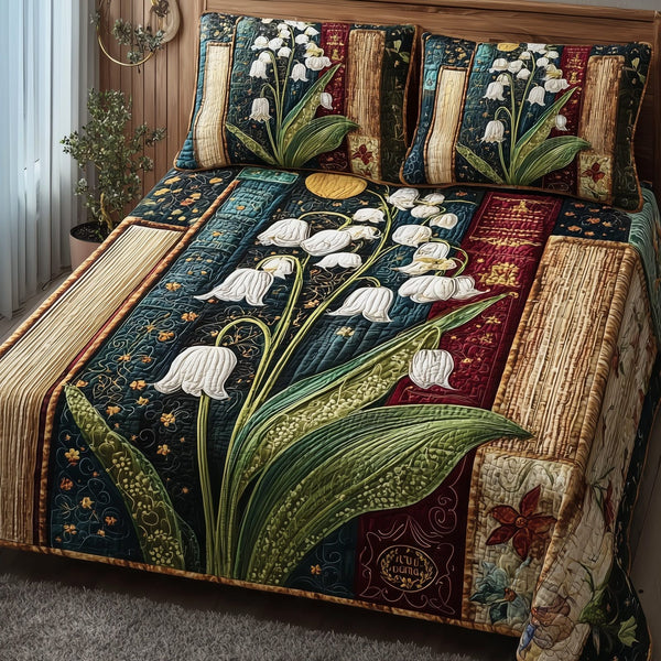 Lily of the Valley Library quilted 3-piece bedding set on a made bed with two matching pillow shams