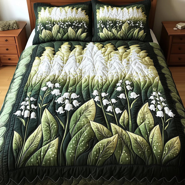 Lily Of The Valley quilted 3-piece bedding set on a made bed with two matching pillow shams