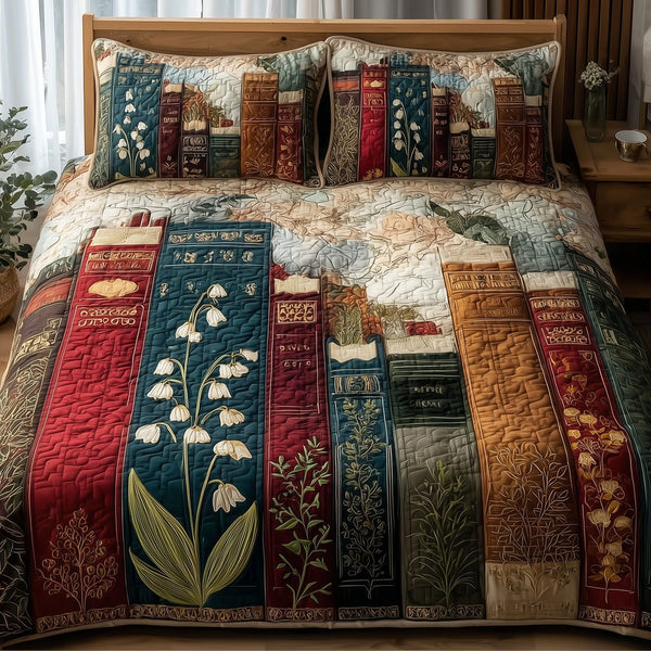 Lily Of The Valley quilted 3-piece bedding set on a made bed with two matching pillow shams