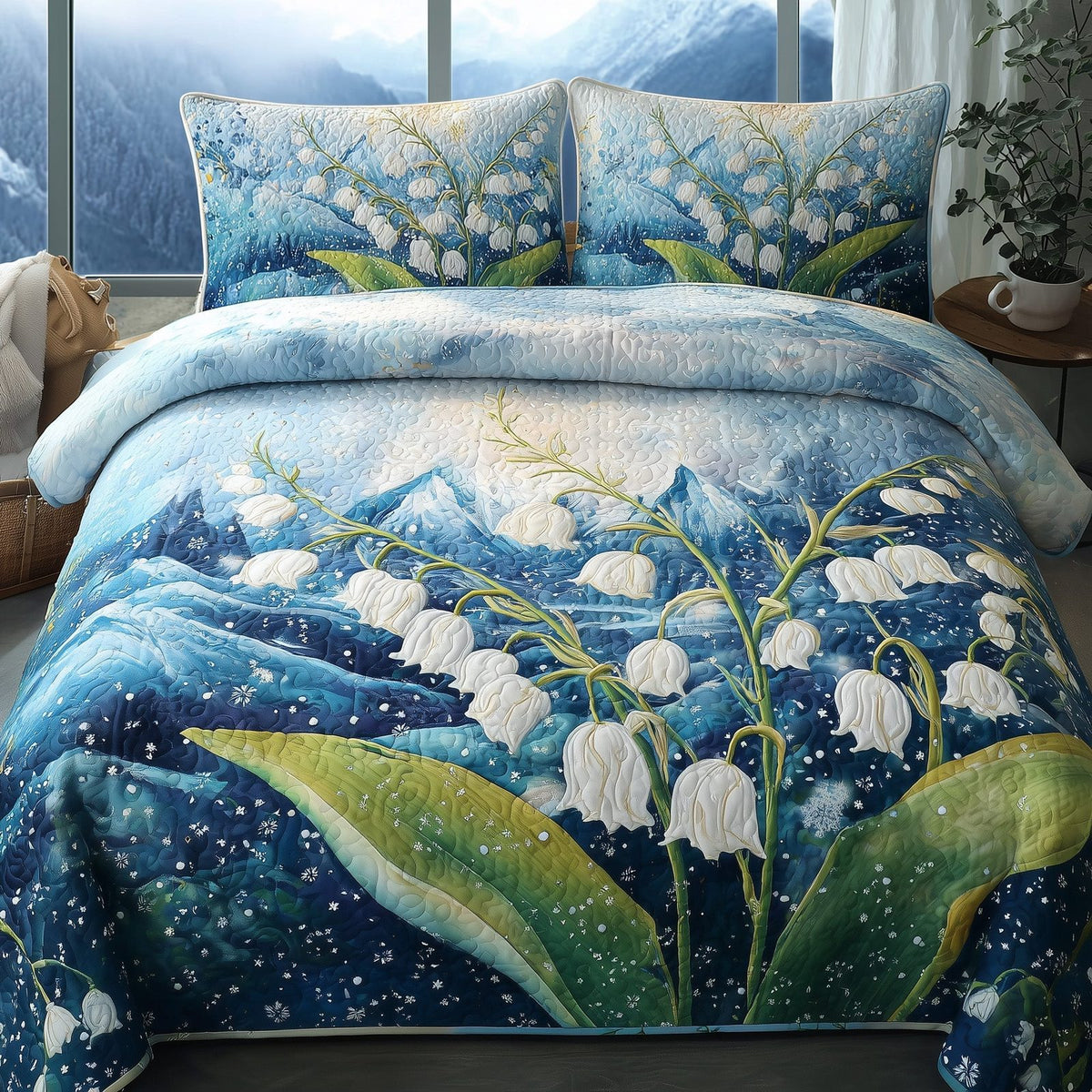 Lily of The Valley quilted 3-piece bedding set on a made bed with two matching pillow shams
