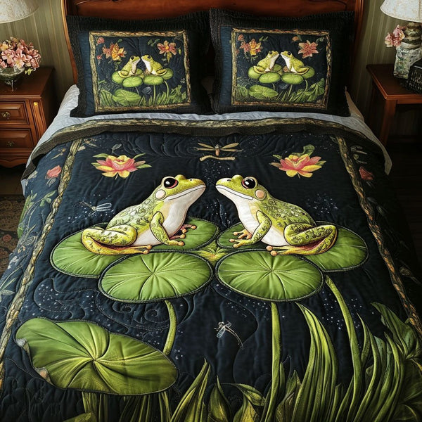 Lily Pad Frogs quilted 3-piece bedding set on a made bed with two matching pillow shams