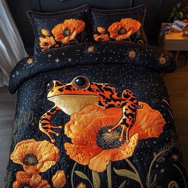 Lily Pad Leap quilted 3-piece bedding set on a made bed with two matching pillow shams