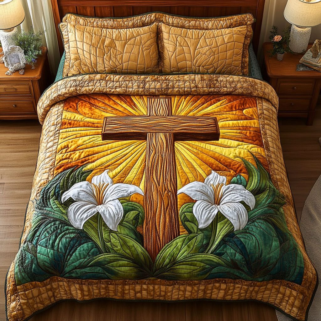 Lily Sunrise Cross quilted 3-piece bedding set on a made bed in a softly lit bedroom
