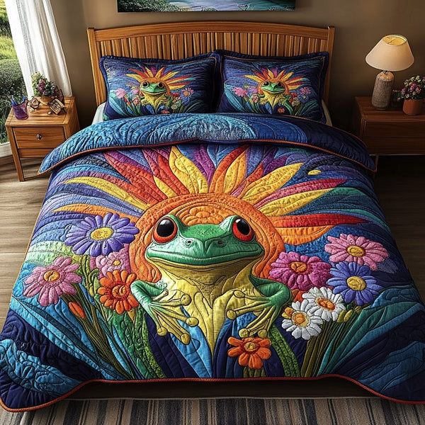 Lilypad Dreams quilted 3-piece bedding set on a made bed with two matching pillow shams