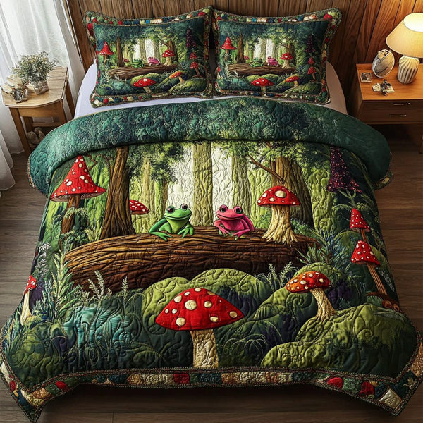 Lilypond Leap quilted 3-piece bedding set on a made bed with two matching pillow shams