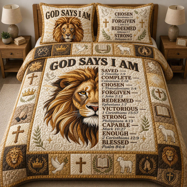 Lion Bible Verses quilted 3-piece bedding set on a made bed in a softly lit bedroom