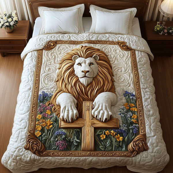 Lion Blessing quilted 3-piece bedding set on a made bed with two matching pillow shams
