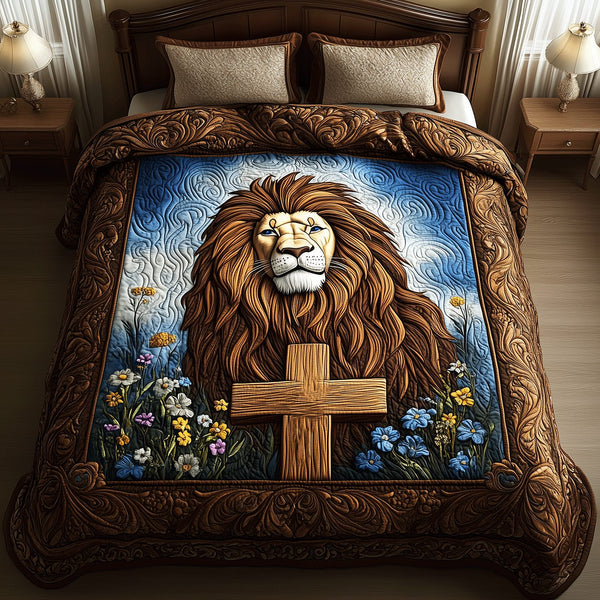 Lion Cross Legacy quilted 3-piece bedding set on a made bed in a softly lit bedroom