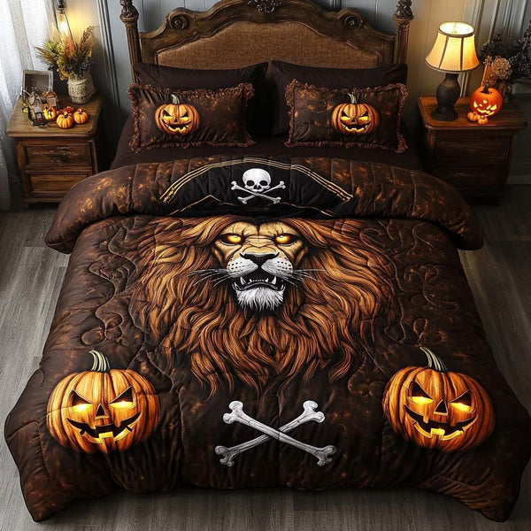 Lion Curse quilted 3-piece bedding set on a made bed against a dark styled interior