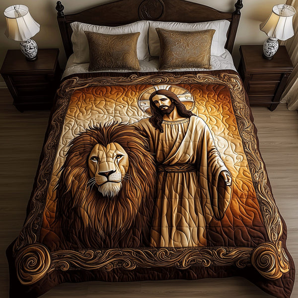 Lion Divine Power quilted 3-piece bedding set on a made bed in a softly lit bedroom