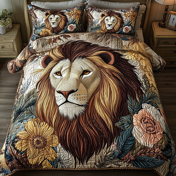 Lion Emblem quilted 3-piece bedding set on a made bed with two matching pillow shams