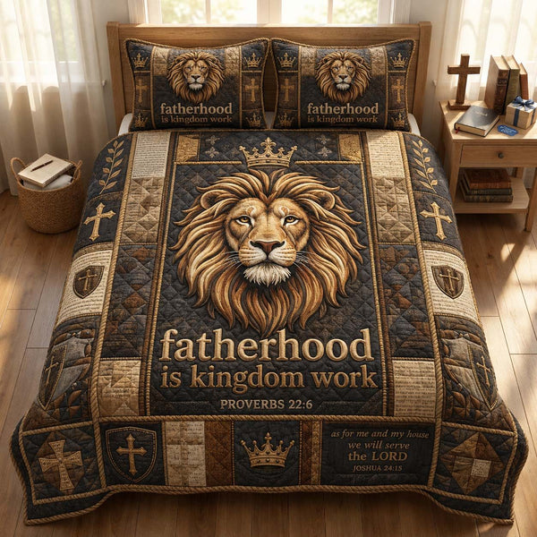 Lion Fatherhood Legacy quilted 3-piece bedding set on a made bed with two matching pillow shams
