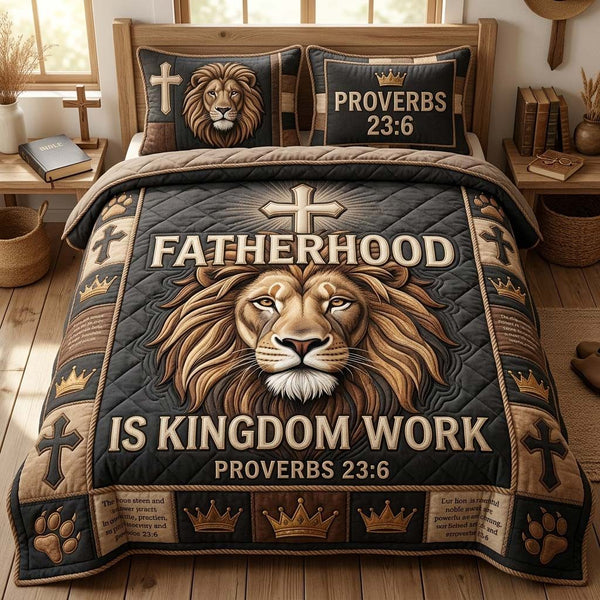 Lion Fatherhood quilted 3-piece bedding set on a made bed with two matching pillow shams