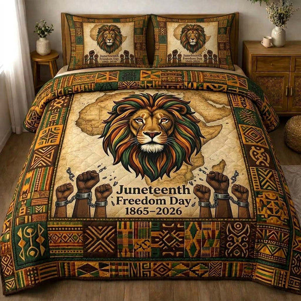 Lion Freedom quilted 3-piece bedding set on a made bed in a warmly lit bedroom