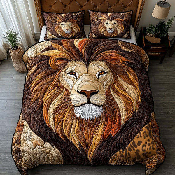 Lion Glory quilted 3-piece bedding set on a made bed with two matching pillow shams