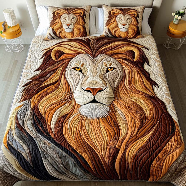 Lion Grace quilted 3-piece bedding set on a made bed with two matching pillow shams